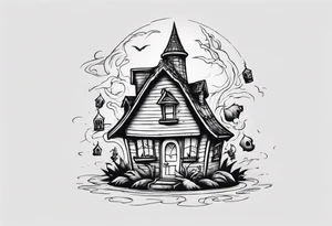 A little house with a monster coming out of its pointy roof tattoo idea