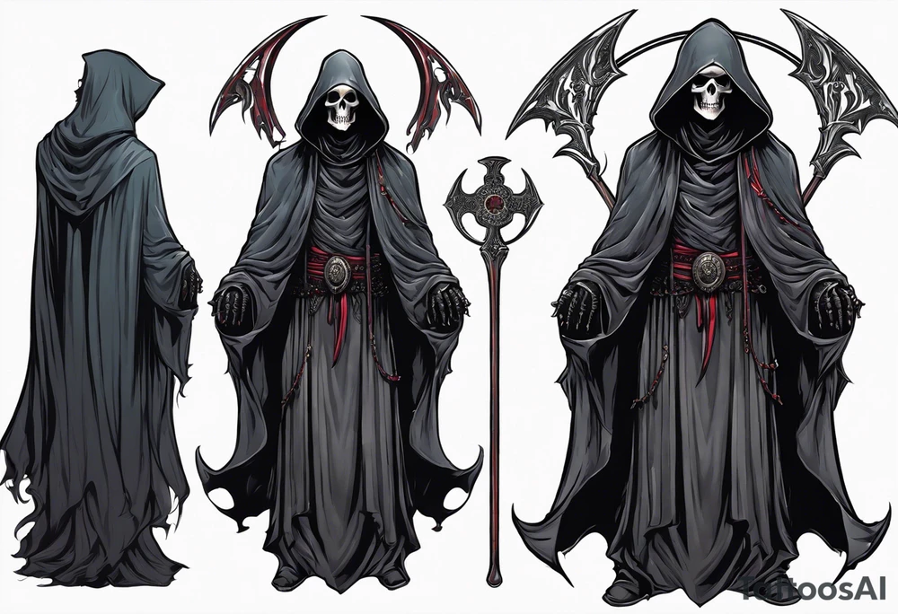 A full body grim reaper with his hood completely off, a halo above his head. tattoo idea