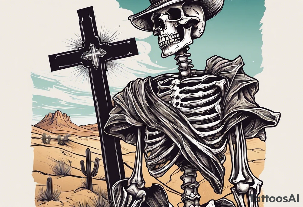 skeleton walking with a cross in a desert tattoo idea