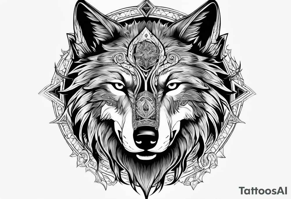 a wolf revealing its skull inspired by elden ring in sigil style tattoo idea