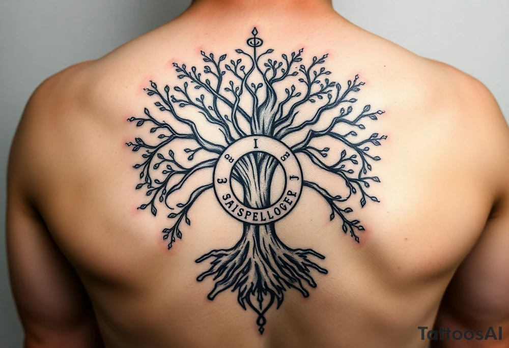yggadrisl tree of life with circle of runes names Jai, Phoebe, Imogen, Matilda on four branches tattoo idea