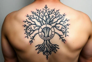 yggadrisl tree of life with circle of runes names Jai, Phoebe, Imogen, Matilda on four branches tattoo idea