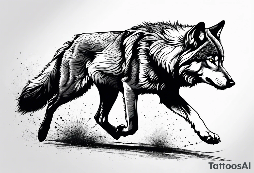 strength, small, running young wolf, elegant, sun, lenghty tattoo idea