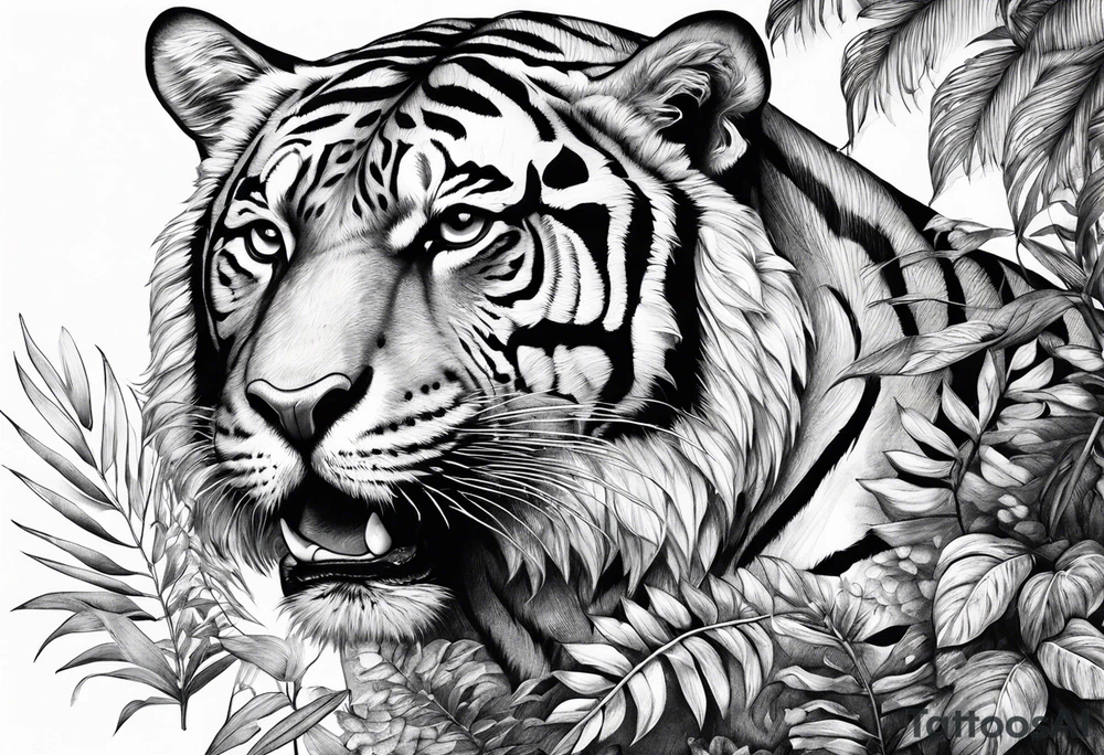 Calm strong tiger in the jungle and with jaguar in in a tree above tattoo idea