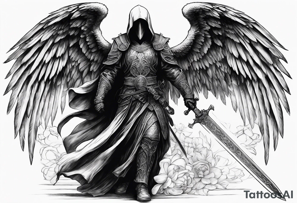 realistic full body of angel of death, fwithout face, holding one sword by both hands, sword is vertically pointing downwards tattoo idea