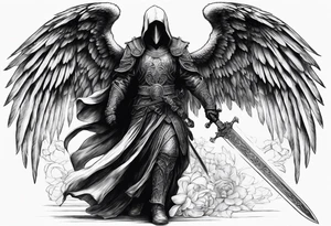 realistic full body of angel of death, fwithout face, holding one sword by both hands, sword is vertically pointing downwards tattoo idea