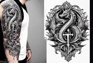 caduceus; intricate fine line and abstract with realism replace snakes with eastern dragons sleeve piece tattoo idea