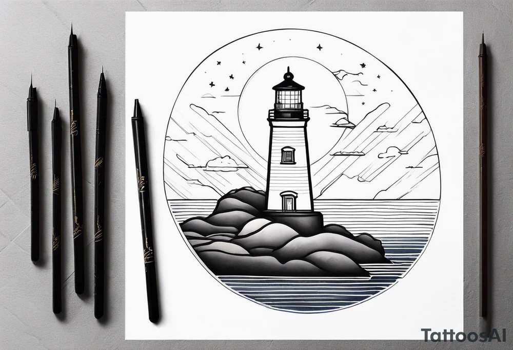 lighthouse night, fine line tattoo idea
