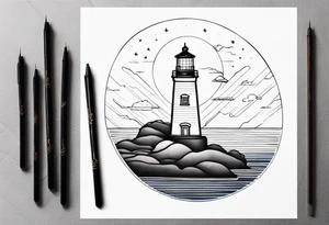 lighthouse night, fine line tattoo idea