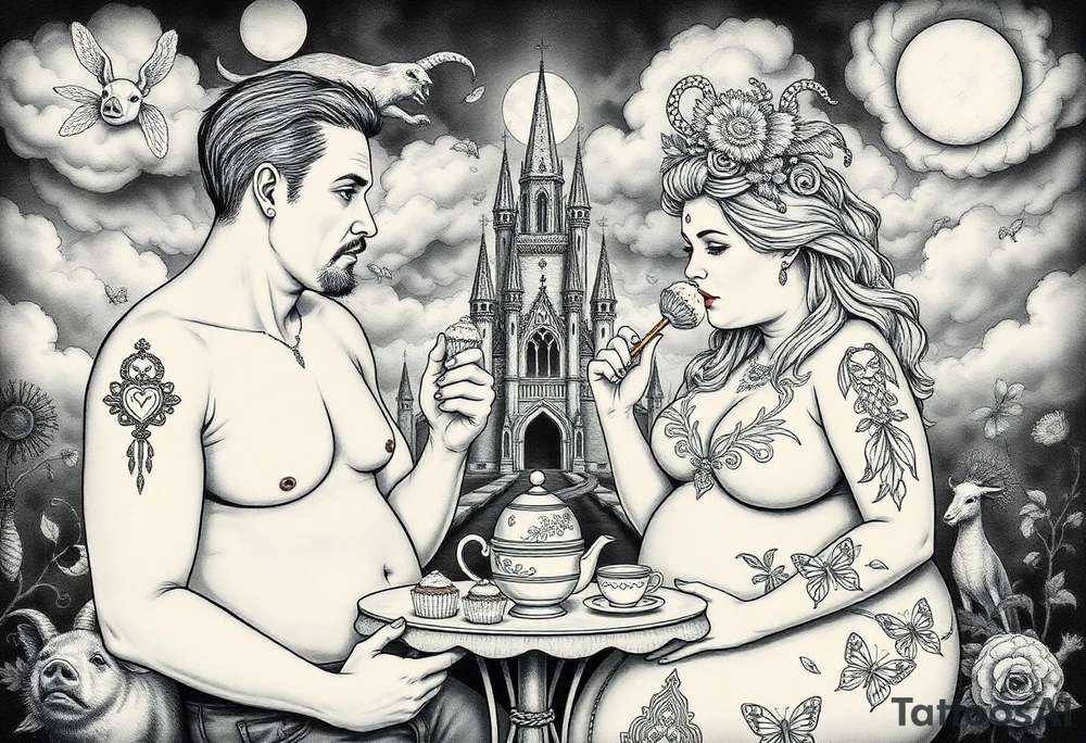 Naked Man and fat woman having sex eating cupcakes and  fruit  having sexy naked fat lady having a tea party with tea pots  swith fancy castle  
with mystical  aries a pigs, peacock,  lion, goat, noose and smoking cigerettes looking in the mirror thru storm clouds and broken hearts and darkness and wrath, envy , gluttony, greed, sloth, pride . Gothic tattoo idea