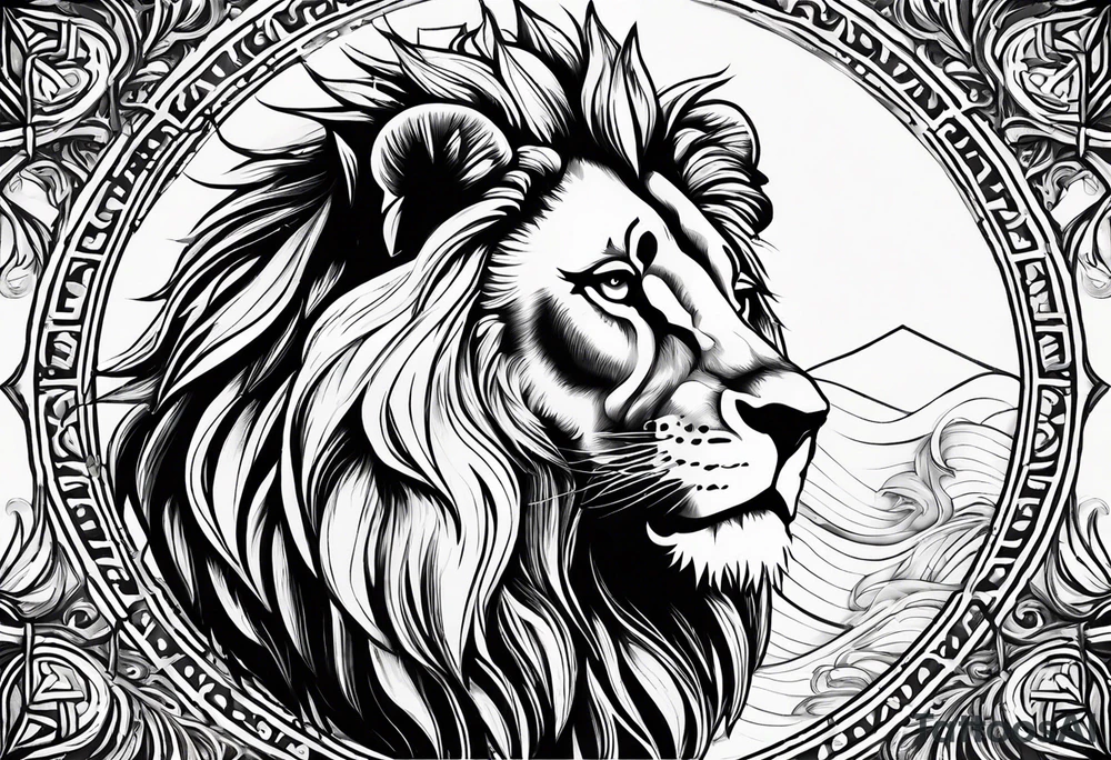 Lion of Judah: Below the crest, towards the wrist, add a stylized, regal Lion of Judah with piercing eyes, symbolizing the power and sovereignty of God. The lion could be subtly integrated with maple leaves or abstract waves that flow around the forearm, symbolizing God’s protection over your family. tattoo idea