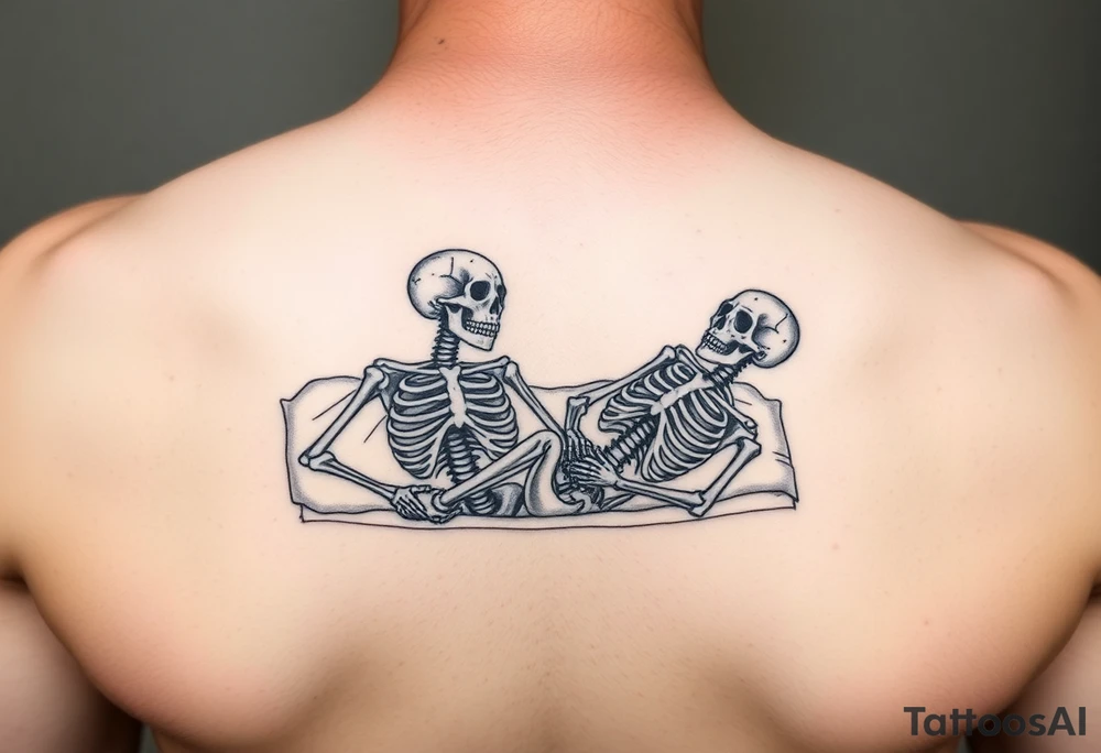 2 skeletons lying in a bed together in a traditional style tattoo idea