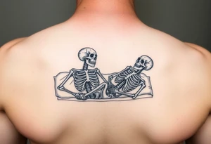 2 skeletons lying in a bed together in a traditional style tattoo idea