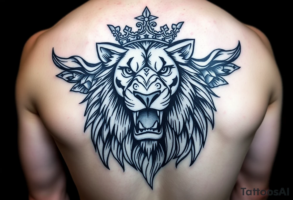 powerful majestic lion with a crown, 5 card hand, something Gemini related, and a happy mask getting pulled off tattoo idea