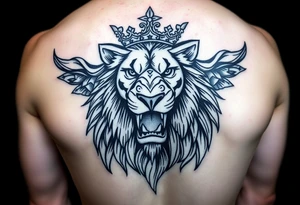 powerful majestic lion with a crown, 5 card hand, something Gemini related, and a happy mask getting pulled off tattoo idea
