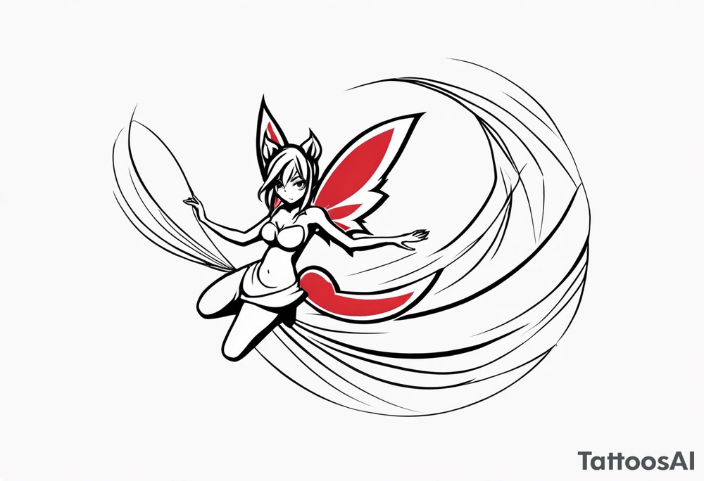 No color fairy with a tail inspired by the logo of the anime show called Fairy Tail in a fetal position leaning in and forward while in the air floating tattoo idea
