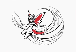 No color fairy with a tail inspired by the logo of the anime show called Fairy Tail in a fetal position leaning in and forward while in the air floating tattoo idea