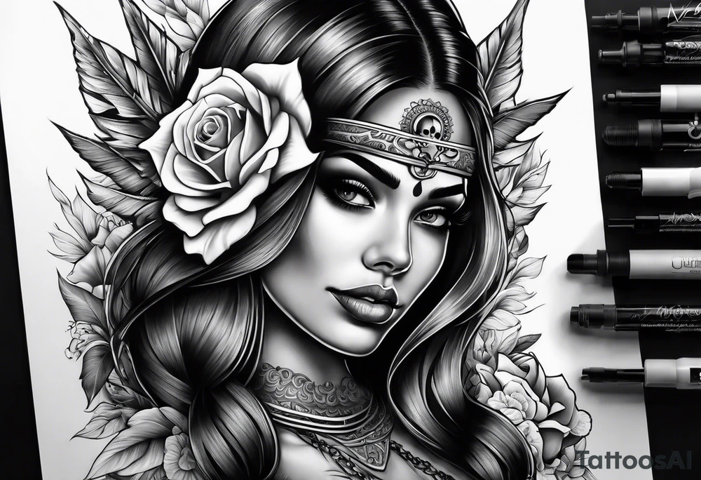 Chicano girl , skull , gun tattoo idea