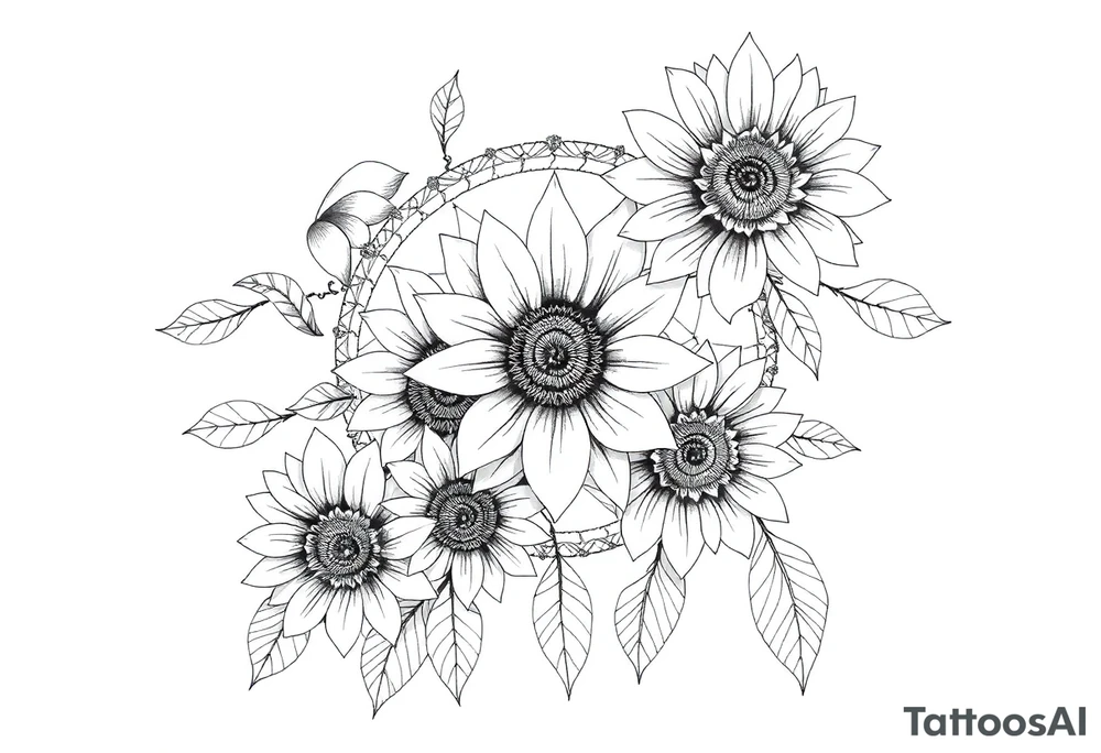 Sunflowers and roses dreamcatcher tattoo idea