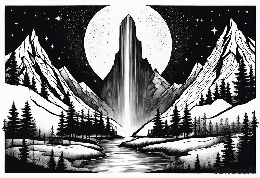 mountains, nature, stars, cross, waterfall, water tattoo idea
