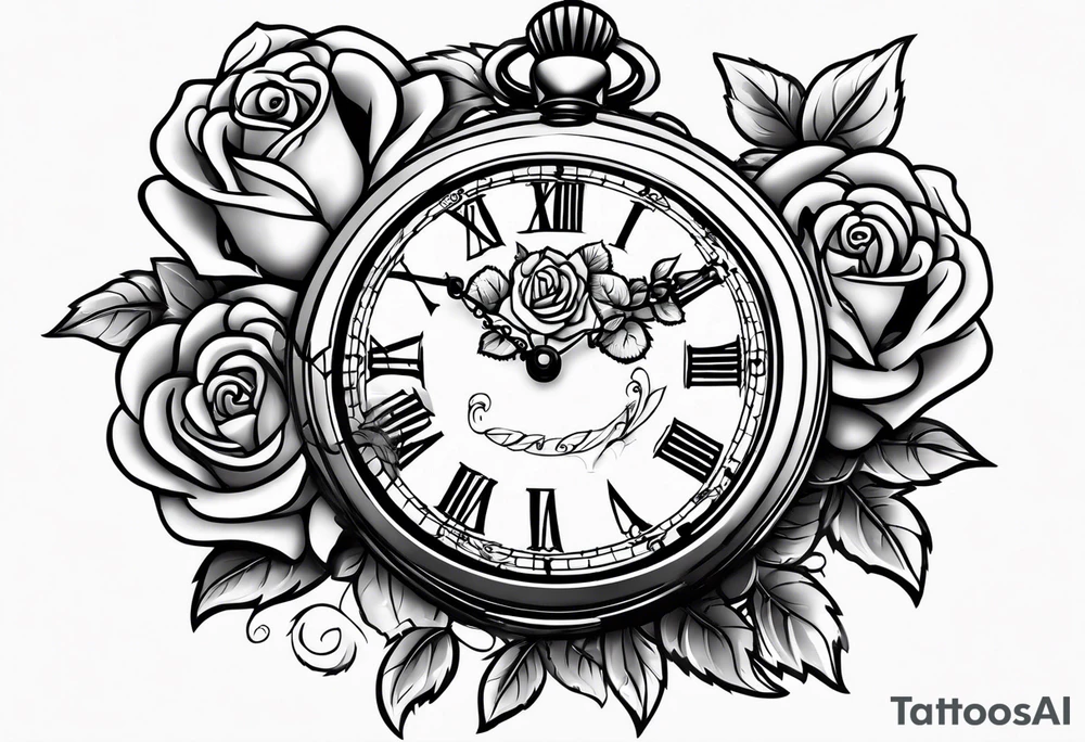 Pocket watch with chain and roses tattoo idea