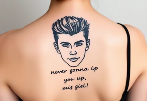 Young Rick Astley Face with Never Gonna Give You Up text tattoo idea