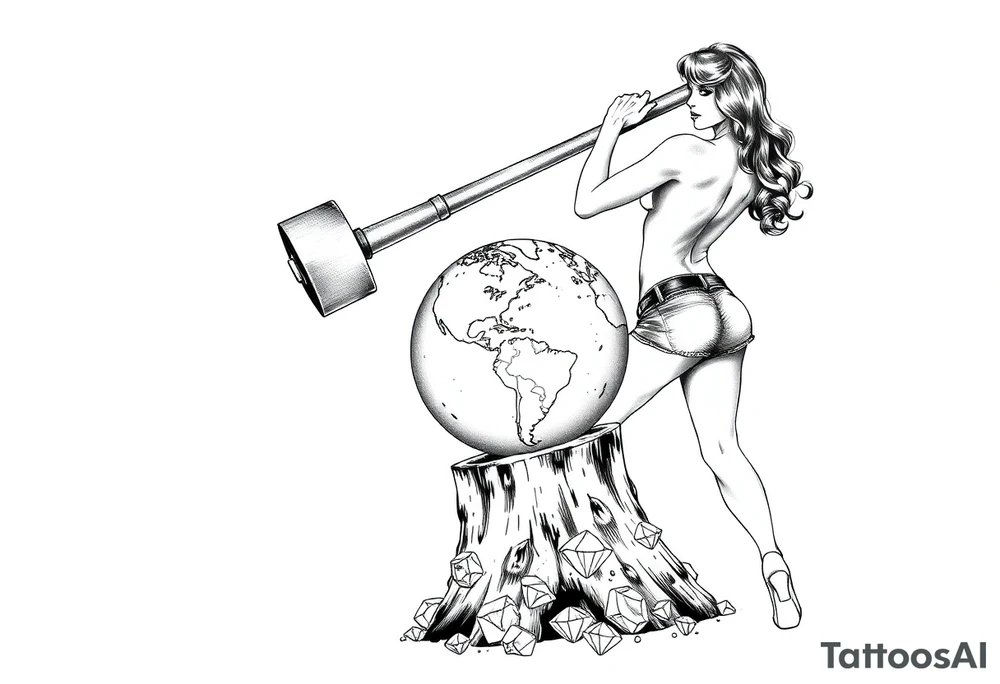 pin up girl in very short shorts swinging a very large mallet onto a small version of the earth globe, the earth glove is on top of a tree stump and being compressed by the mallet, and at the base of the stump is a pile of diamonds. pressure makes diamonds. Her short shorts are not covering her butt all the way. She is facing me with her breast bare and out. tattoo idea