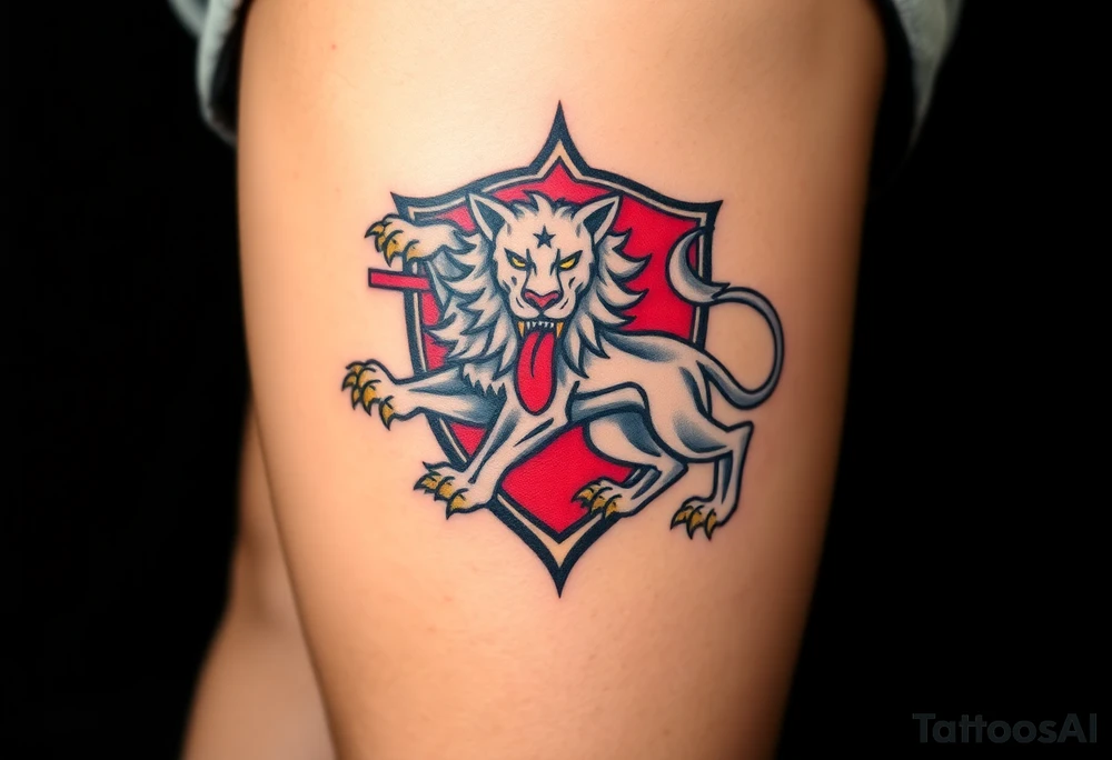 A majestic double-tailed silver lion with golden claws and a red tongue, standing proudly in a red shield, symbolizing strength and courage tattoo idea