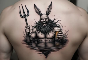 laughing poseidon in calm water, holding a trident, holding a beer, with bunny ears tattoo idea