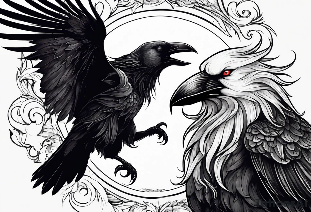 a scary black raven and white wolf facing each other tattoo idea