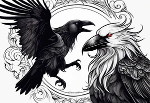 a scary black raven and white wolf facing each other tattoo idea