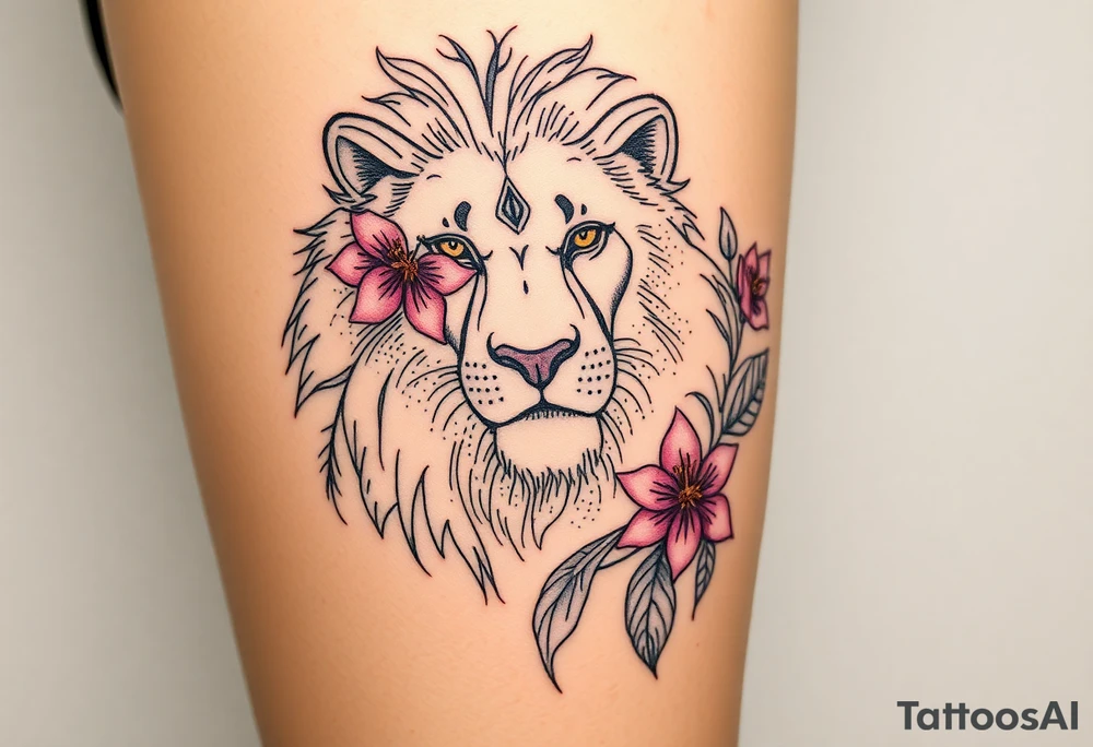 Lion with larkspur and water lilies tattoo idea