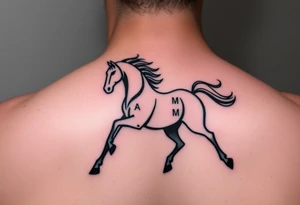 horse silhouette 
from the front which gallops from the front, with the 3 small letters discreetly integrated: L, A, M tattoo idea