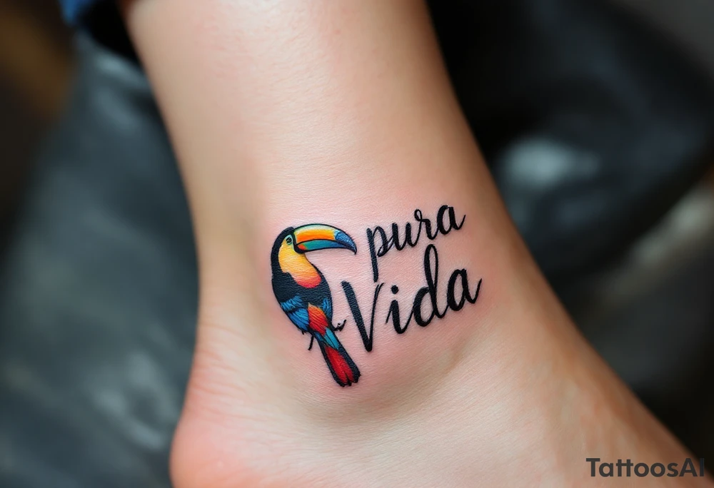Calligraphic “Pura Vida” framed by a colorful toucan with vibrant yellow, red, and deep blue feathers. tattoo idea