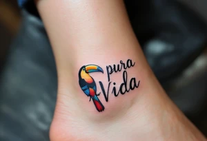 Calligraphic “Pura Vida” framed by a colorful toucan with vibrant yellow, red, and deep blue feathers. tattoo idea