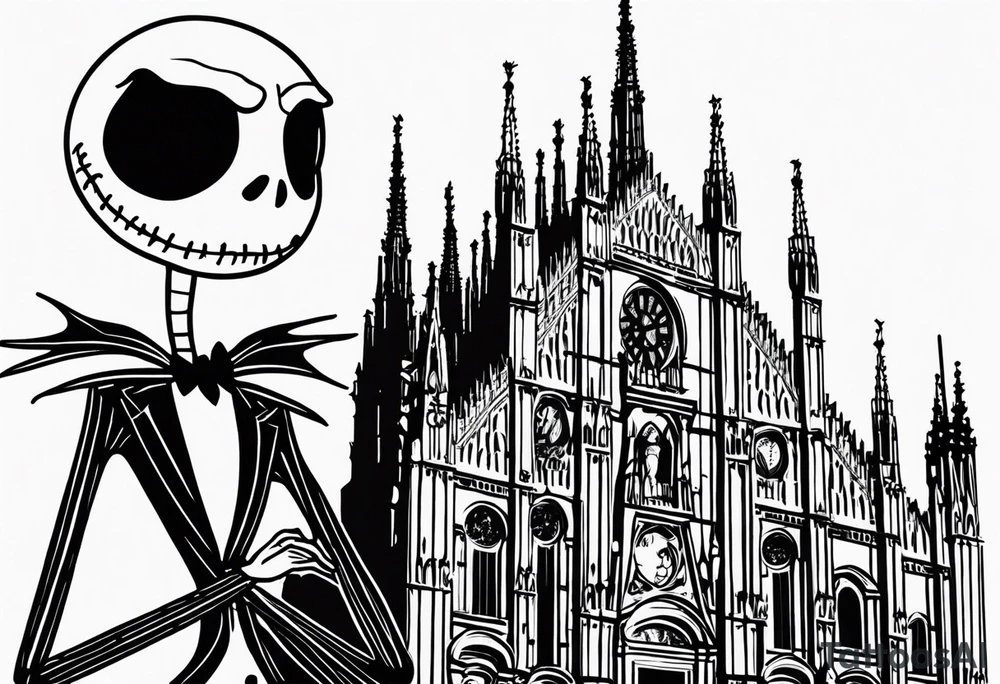 jack skellington leaning against milan cathedral and the date June 07, 2023 tattoo idea