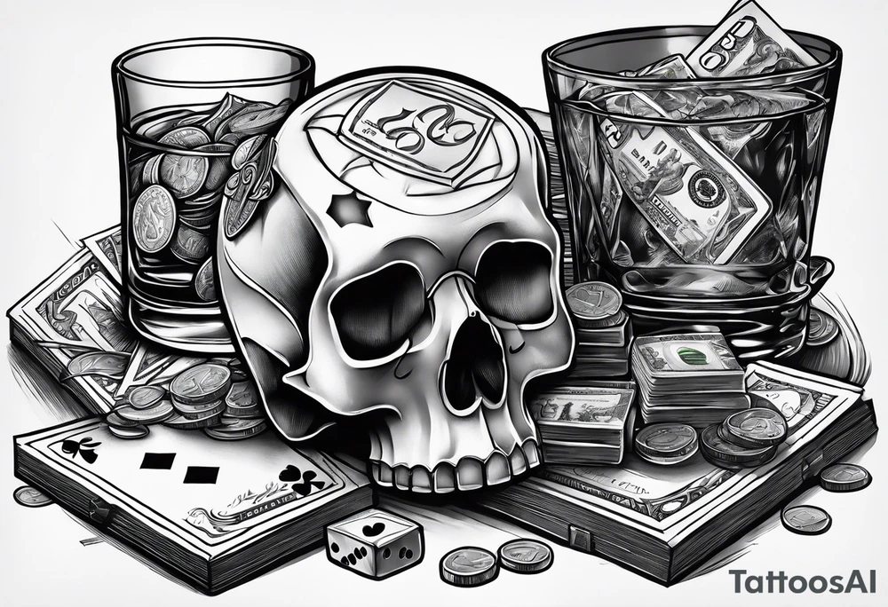cards, money, dice, and whiskey on ice, tattoo idea