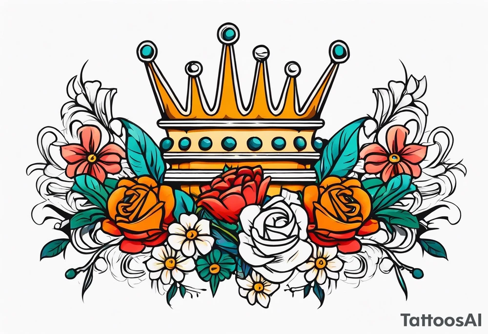 sword traditonal vintage tattoo crown colorful with flowers tattoo idea