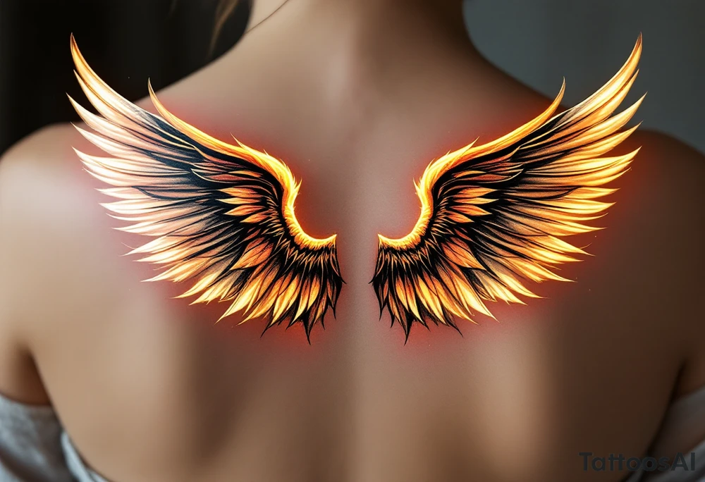 A pair of wings split down the middle—one side an angelic white feathered wing, glowing with soft golden hues, and the other a dark bat-like wing, with deep black and red undertones. The two halves merge at the center, representing the balance of light and darkness. tattoo idea