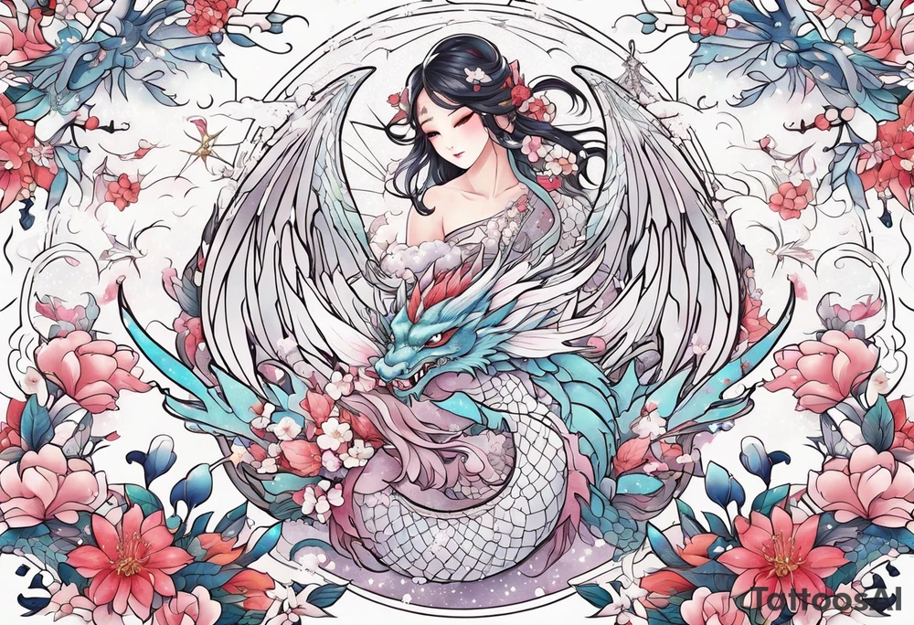 Constellation, wing , snow , cross , dragon female japan kawaii , flower tattoo idea
