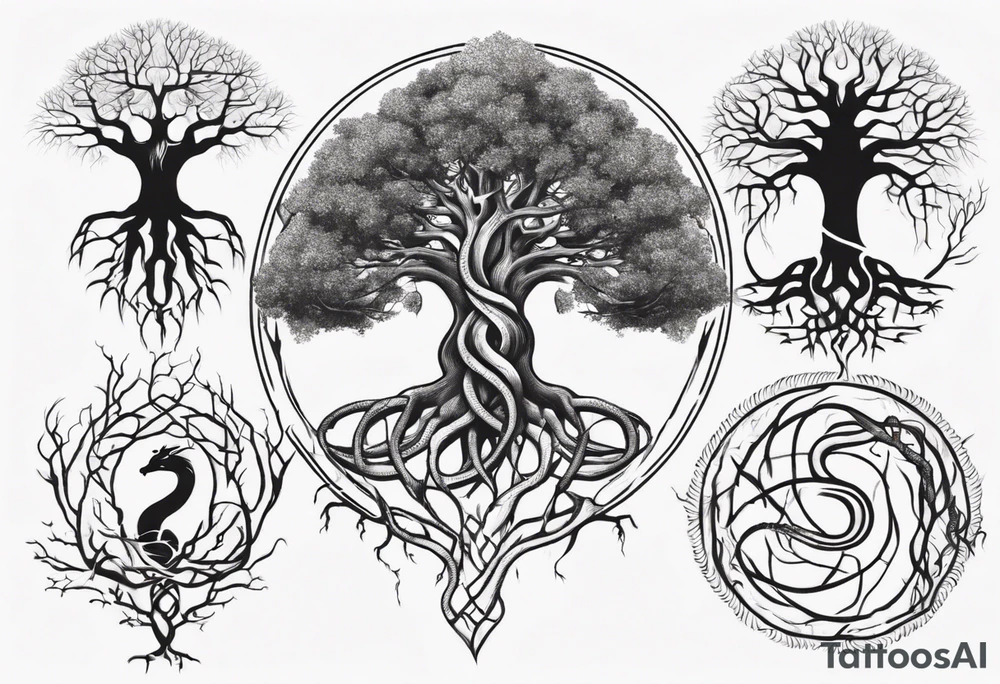 Yggdrasil with a serpent weaving through the roots of the tree tattoo idea