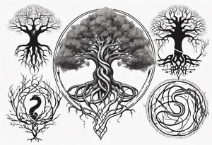 Yggdrasil with a serpent weaving through the roots of the tree tattoo idea