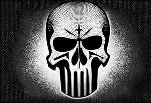 The Punisher skull with Manners Maketh Man text tattoo idea