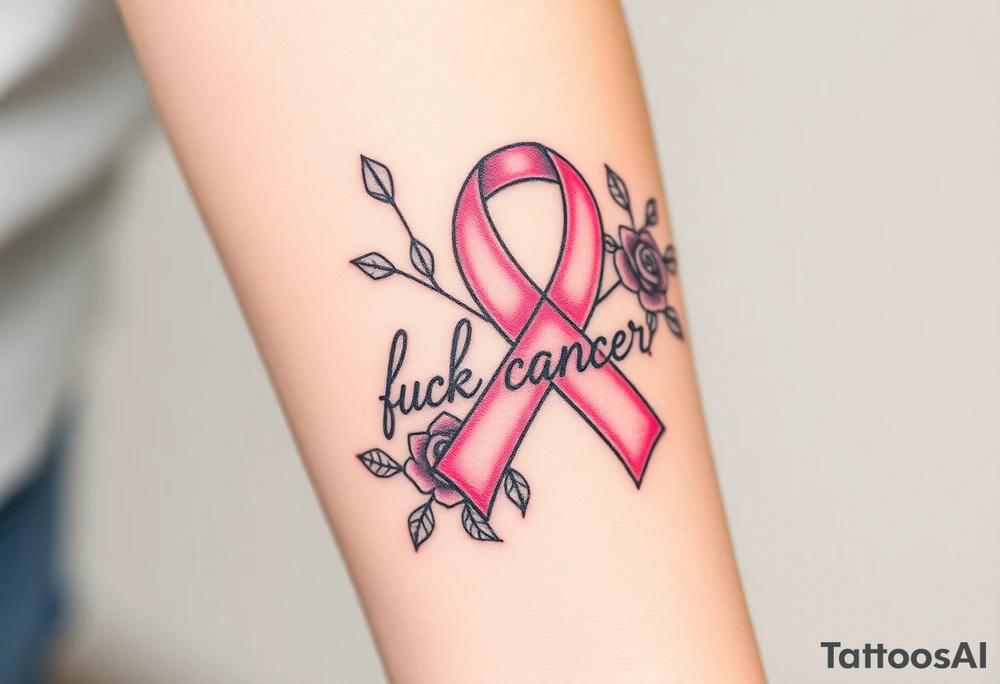 Pretty pink Cancer ribbon that says "fuck cancer"with roses tattoo idea