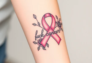 Pretty pink Cancer ribbon that says "fuck cancer"with roses tattoo idea