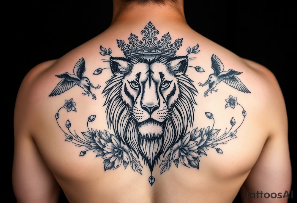 powerful majestic lion with a crown, surrounded by floral ornaments and birds tattoo idea