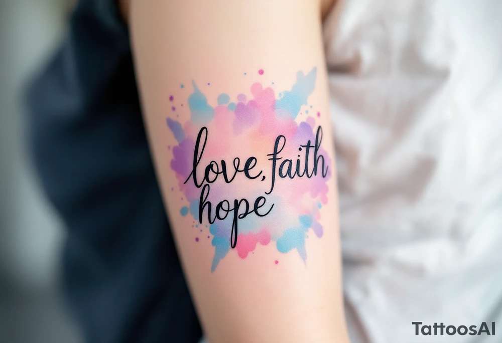 Black ink "love, faith,hope" with a watercolor background blending soft pink, lavender, and sky blue. tattoo idea