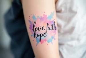Black ink "love, faith,hope" with a watercolor background blending soft pink, lavender, and sky blue. tattoo idea