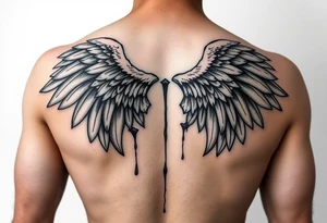 Angel wings folded and tucked against the back dripping in blood tattoo idea