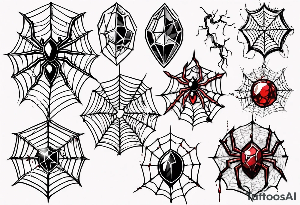 Tangled spiderweb in the shape of a jewel with blood drops and dragon spikes tattoo idea